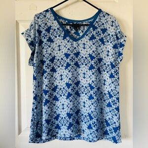 W Worthington Blue and White Womens V‎ Neck Boxy Short Sleeve Blouse Sz L